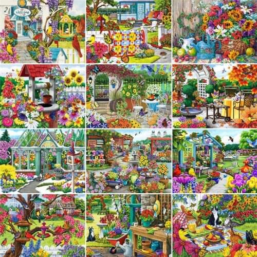 Paint With Diamond Painting Garden Full Square Diamond Embroidery Scenic Cross Stitch Mosaic Flowers Rhinestones Home Decoration