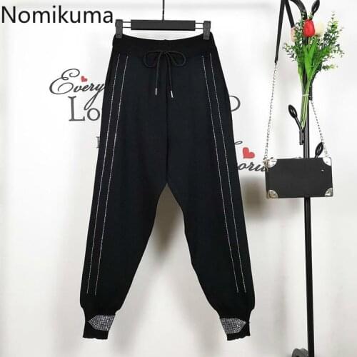 Nomikuma Korean Diamonds Harem Women Knitted Pants Lace Up Stretch Waist Ankle Trousers 2020 Autumn Winter Sweater Pants 6D160