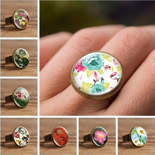 Fashion Beauty Colorful Flowers Narcissus Tulip Poppy Glass Cabochon Rings Resizable Jewelry Hand Craft Round Rings Accessories