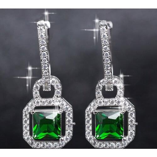 Fashion Women Green White Crystal Earrings Creative Bag Lock Shaped Square Zircon Accessories Earrings For Girl Trendy Jewelry