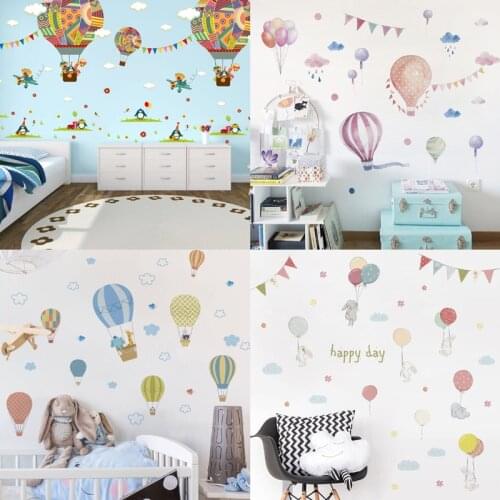 Cartoon Hot Air Balloon Series Wall Stickers Animals Cloud Kids Nursery Room Wall Decals Kindergarten Decoration DIY Art Posters