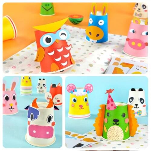 12PCS Kids Children DIY Handmade Paper Cups Craft Art Kit with 12 Animal Patterns for Kindergarten Preschool Educational Toys