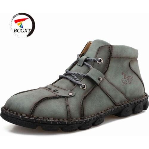 New Leather Mens Boots Handmade Mens Ankle Boots Autumn Winter Man Motorcycle Boots Outdoor Men Short Boots Lace-up Men Shoes