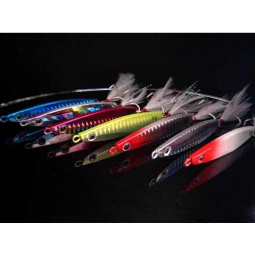 Wholesale 100pcs/lot 30grams Metal Sinking Lures Jigs 30g 30 gram colorful with Feather Fishing Hooks Mixed Colors