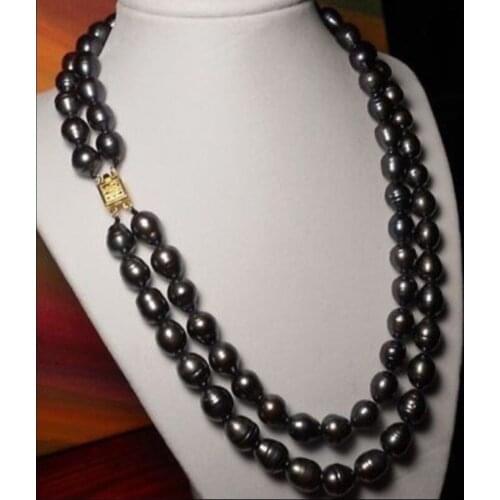 2 row 10-12mm AAA++ natural black Australian south sea pearl necklace