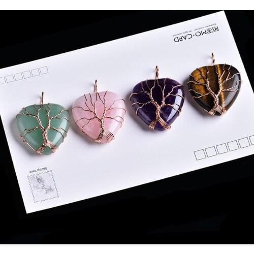 1PC Natural Crystal Mineral Ornament Heart Shape Tree of Life Pendant Couple Pendant Necklace Pendant DIY Gift Jewelry