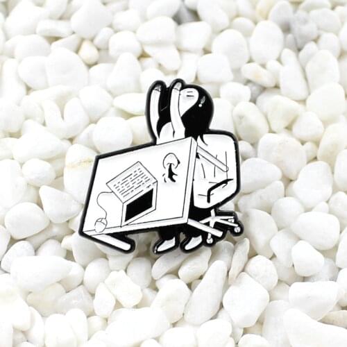 Angry girl overturns office computer desk cartoon brooch Personality creative badge Give a workaholic gift