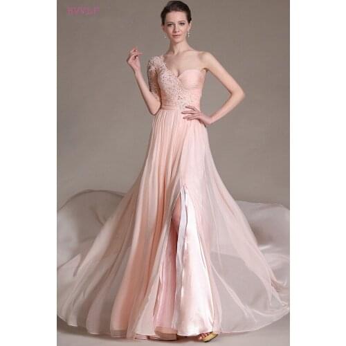 Blush Evening Dresses A-line 0ne-shoulder Chiffon Lace Beaded Slit Plus Size Long Evening Gown Prom Dresses Robe De Soiree