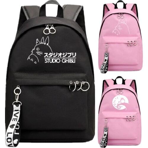 My Neighbor Totoro Backpack School Book Bags Cat Mochila Travel Bag Laptop Ribbon Ring Circle Boy Girls Backpack Pink Black