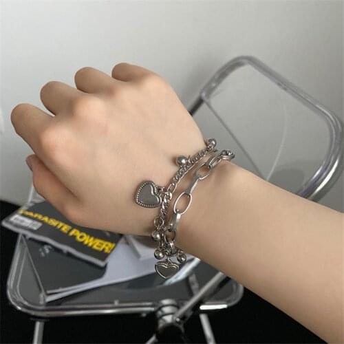 Silver Color Metal Double Layered Linked Chain Heart Bracelets For Women Men Couple Goth Hip Hop Cool Punk Charm Street Jewelry