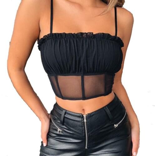 Mesh cropped strappy tube top Summer Women Sleeveless See-through Bottom Spaghetti Strap Tank Top