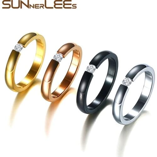 Titanium Stainless Steel Rings 3mm Elegant Cubic Zirconia Stone Ring Black Silver Color Gold Plated Women Jewelry Gift R-023