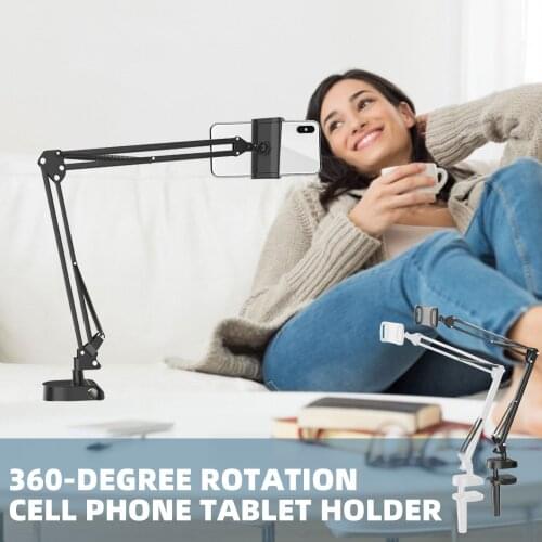 Universal Foldable 360Degree Rotation Cell Phone Tablet Holder Stand Mount Long Arm Cantilever Clip Bracket for Bed Desk Bedside