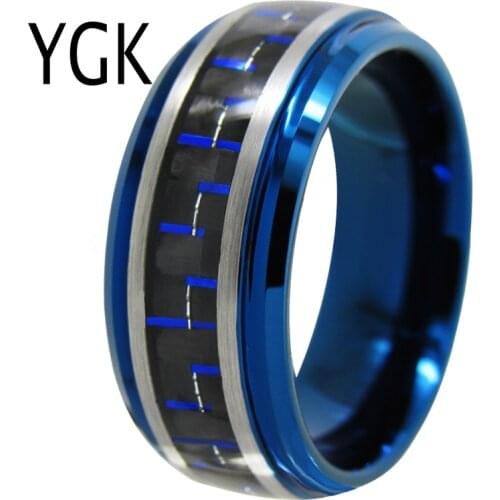 YGK Wedding Jewelry Blue Dome With Blue Fiber Inlay New Tungsten Rings for Mens Bridegroom Wedding Engagement Anniversary Ring