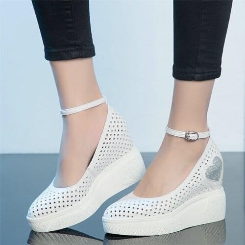 Women Real Leather Wedges High Heel Summer Ankle Boots Female Breathable Pointed Toe Platform Pumps Shoes Casual Oxfords Shoes
