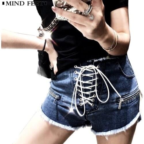 MIND FEET Women Short Jeans Front Lace Up Sexy Ripped Denim Stretch Shorts 2018 Summer Female Frayed Shorts Tassel Beach Jeans