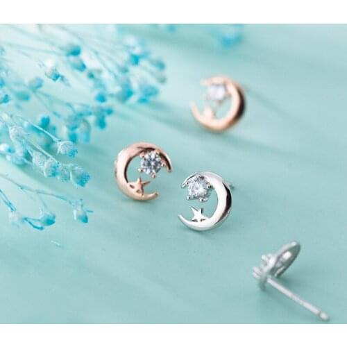 MloveAcc 100% 925 Sterling Silver Women Jewelry Fashion Cute Tiny Moon Star Stud Earrings for Daughter Girls