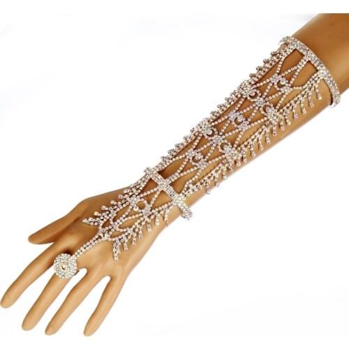 Women Rhinestone Slave Ring Statement Fashion Bracelet Hand Chains Cuff Wedding Bridal Celebrity Trendy Belly Dancer Jewelry