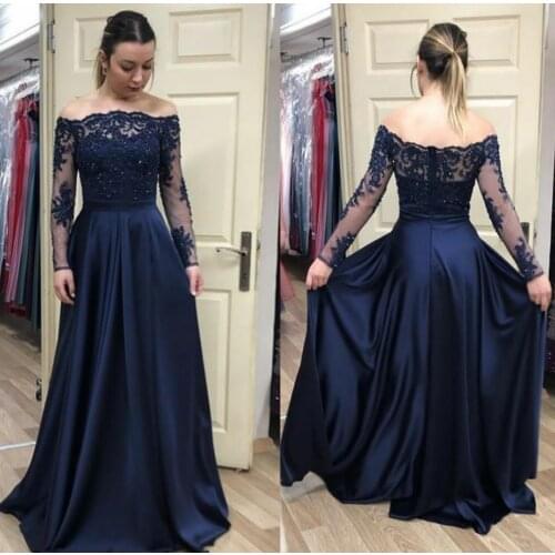 Elegant Long Off Shoulder Navy Blue Prom Dresses with Pockets Zipper Back Satin Robe De Soiree Floor Length Formal Party Gown