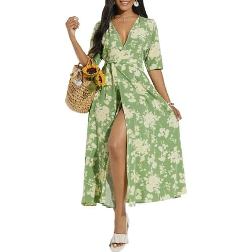 Women Floral Print Midi Dress Sexy Deep V-neck Female Split Elegant Dress Short Sleeves Summer Vintage A-Line Ladies Vestido D30
