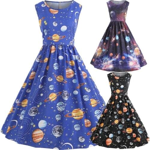 2021 Summer Cosmic Sky Planet Women 2021 Sexy Girl Pleated Vintage Printing Starry Space Sweet Dress