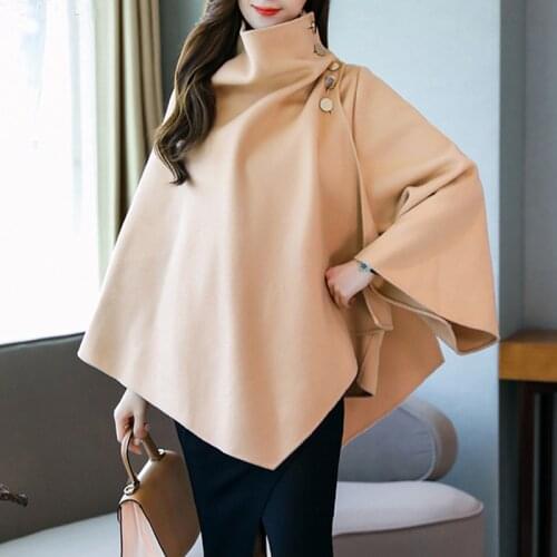 Autumn Button Woolen Women Casual Asymmetry Windbreaker Fashion Solid Sleeveless Cape Coats Cloak Ponchos Female