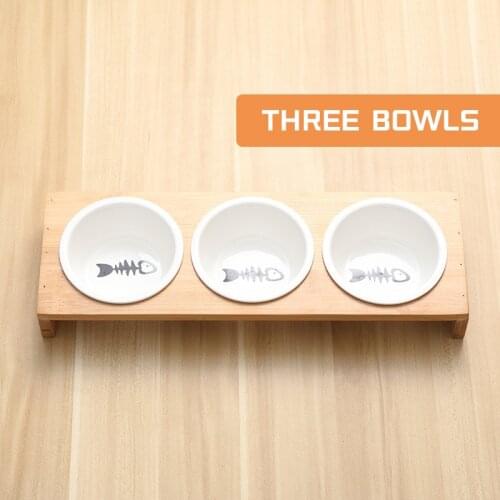 3 Bowls Cat Dog Feeders Bowl Ceramic Pet Food Tableware Water Bowl Bamboo Frame Antiskid Dog Cat Feeding Bowl Pet Supplies