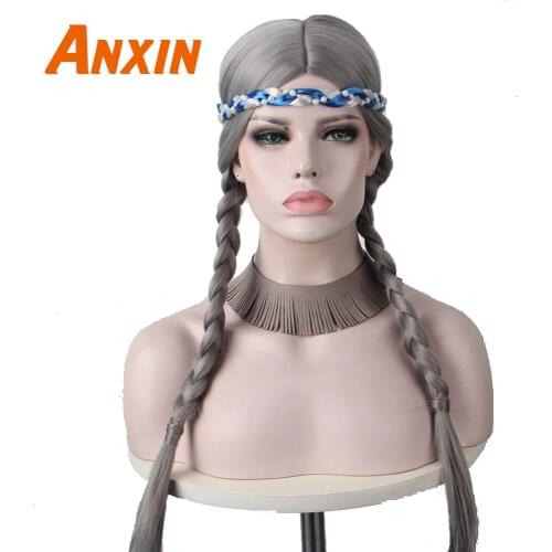 Anxin Long Straight Gray Two Braids Anna Little Princess Head Band Wigs For Child Girls Womens Cosplay Anime Party Synthetic wig