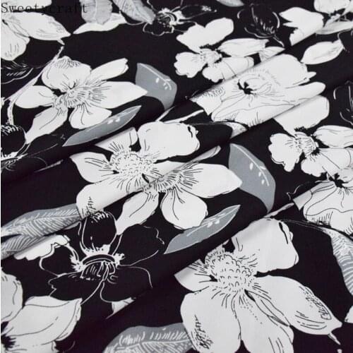 White Black Flower Printed Chiffon Fabric DIY Sewing Spring Summer Fashion Shirt Skirt Dress Womens Fabric Material
