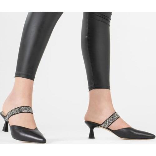 Callizio Womens Genunine Leather Slippers Rhine Stone Sandals Thin Heel Pointed Toe Style for Dress Heeled Model Design