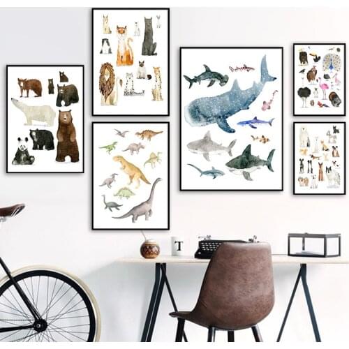 Dinosaur Whale Tiger Lion Bear Eagle Wall Art Canvas Painting Nordic Posters And Prints Animal Wall Pictures For Kid Room Decor