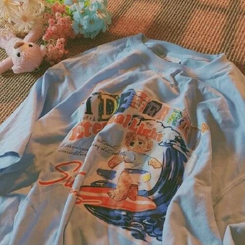 Surfing bear retro cartoon print short-sleeved top vintage oversized T-shirt Y2K T-shirt female summer new loose half-sleeved