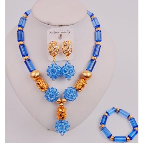Graceful Sky Blue Nigerian Wedding Necklace Sets Crystal Beads African Jewelry Set for Women ZQ-07