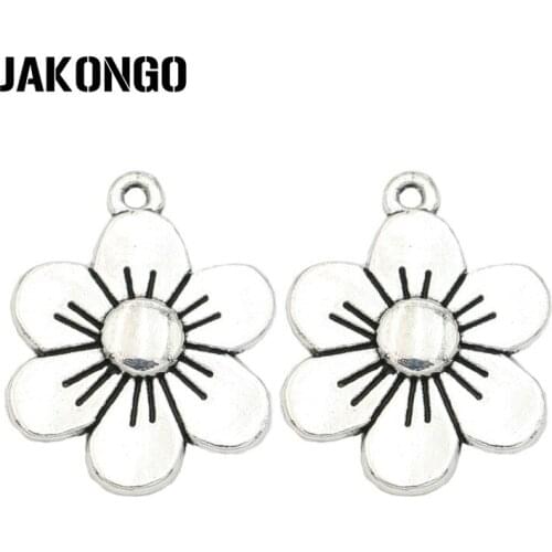 JAKONGO Antique Silver Plated Flower Charm Pendants Jewelry Accessories Making Bracelet DIY 21x17mm 5pcs/lot