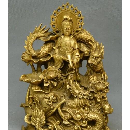 China Buddhism old Bronze Station dragon Guanyin Kwan-yin Avalokitesvara statue