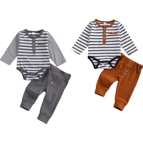 Wallarenear 2 Pcs Baby Boy Girl Casual Suit Clothing Round Neck Long Sleeve Stripe Romper Button Decoration Loose Trousers