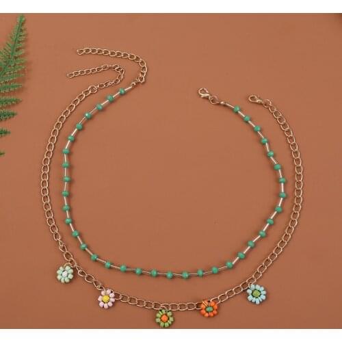2 Pcs/Set Fashion Gold Color Chain Flower Pendants Necklaces For Women Handmade Beaded Glass Tube Green Crystal Beads Necklace