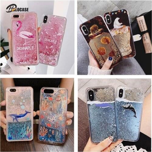 For iPhone 12 Case Dolphin Whale Fish Floral Flamigo Quicksand Glitter Liquid Case For iPhone 11 Pro XS Max XR XS 7 8 6 6s Plus