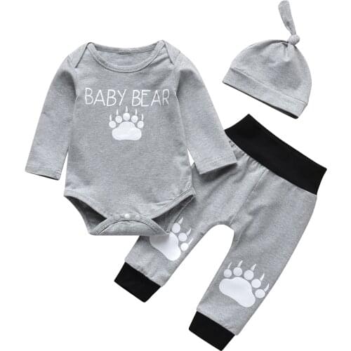 Newest Fall Newborn Babys Clothes Set For Boys Footprint Round Neck Bodysuit+Long Pants+hat Infant Baby Toddler Set