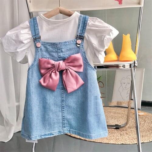 1-8Y Toddler Kids Baby Girl Clothes Solid Puff Sleeve Tops+Denim Suspender Skirt Girl Outfit Children Sets Summer Baby Clothes