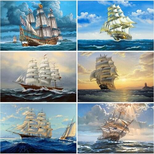 Scenery Ship DIY 5D Diamond Painting Cross Stitch Full Round Resin Landscape Sea Sailboat Diamond Embroidery Manual Home Decor