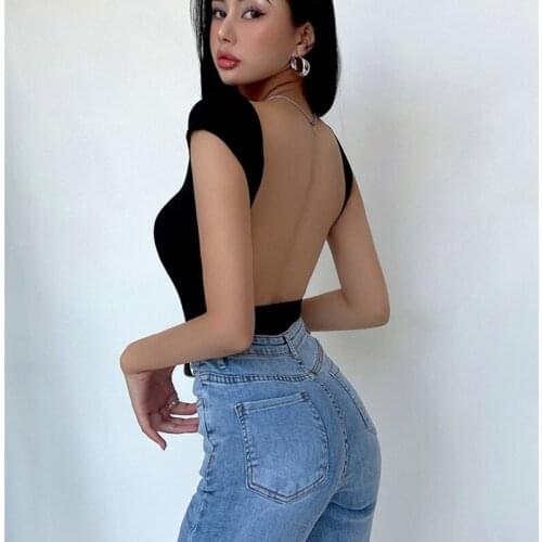 WOMENGAGA Sexy Square Collar Tight Thin Backless Short Sleeve Bodysuits Rompers Top Womens Summer Sexy Hot Korean Girl 3OAO
