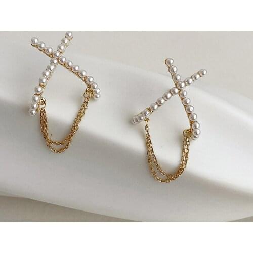 TARCLIY Simple Geometric Cross Imitation Pearl With Chain Stud Earrings Women Temperament Tassel Ear Jewelry Fashion Accessories