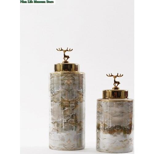 Modern luxury marbled ceramic decoration jar metal elk lid living room decoration accessories vase indoor classical furnishings