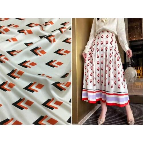 Stretch Silk Fabric White Background Geometric Rhombus Prints New Mulberry Silk Satin Clothing Fabric for Dress Shirt Sewing