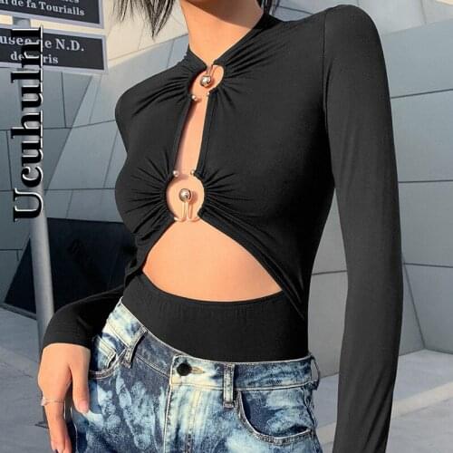 Ucuhulnl Black Autumn Bodysuit Women Sexy Long Sleeve O Neck Hollow Out Clothing Fashion Lady Solid Slim Body Suit 2021 New