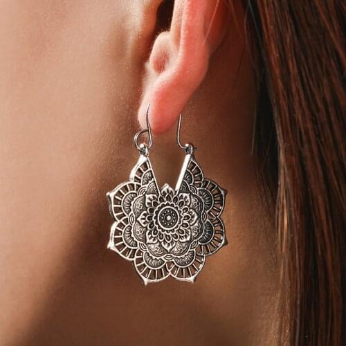 Vintage Mandala Flower Drop Dangle Earring for Women Girl Tribal Hollow Floral Pendant Earrings Pendientes 5123