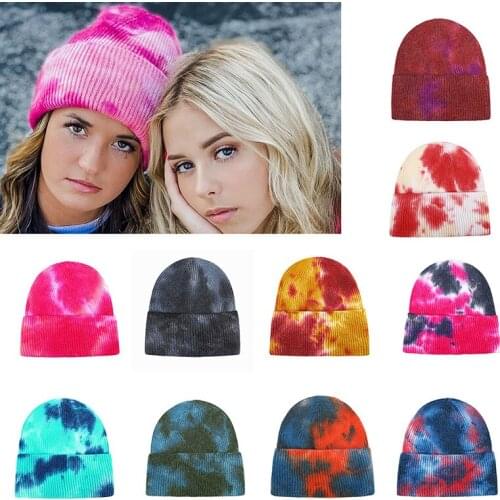 New Knitted Tie Dye Beanies Hats Plain Cuff Knit Ski Cap Casual Skull Warm Solid Color Winter Headwear Bonnets Girls' Gift Hot