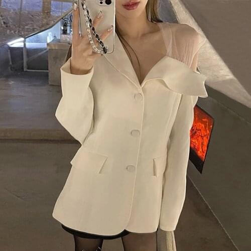 2021 New Patchwork Lace Blazer Coat For Femal Lapel Collar Long Sleeve Off Shoulder Loose Womens Casual Coat Fahsion Tide