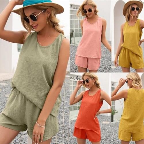 Summer Tracksuit Women Two Piece Set Solid Casual Sleeveless Vest Top and Shorts Pajamas Suits Loose Womens Sets Lounge Wear